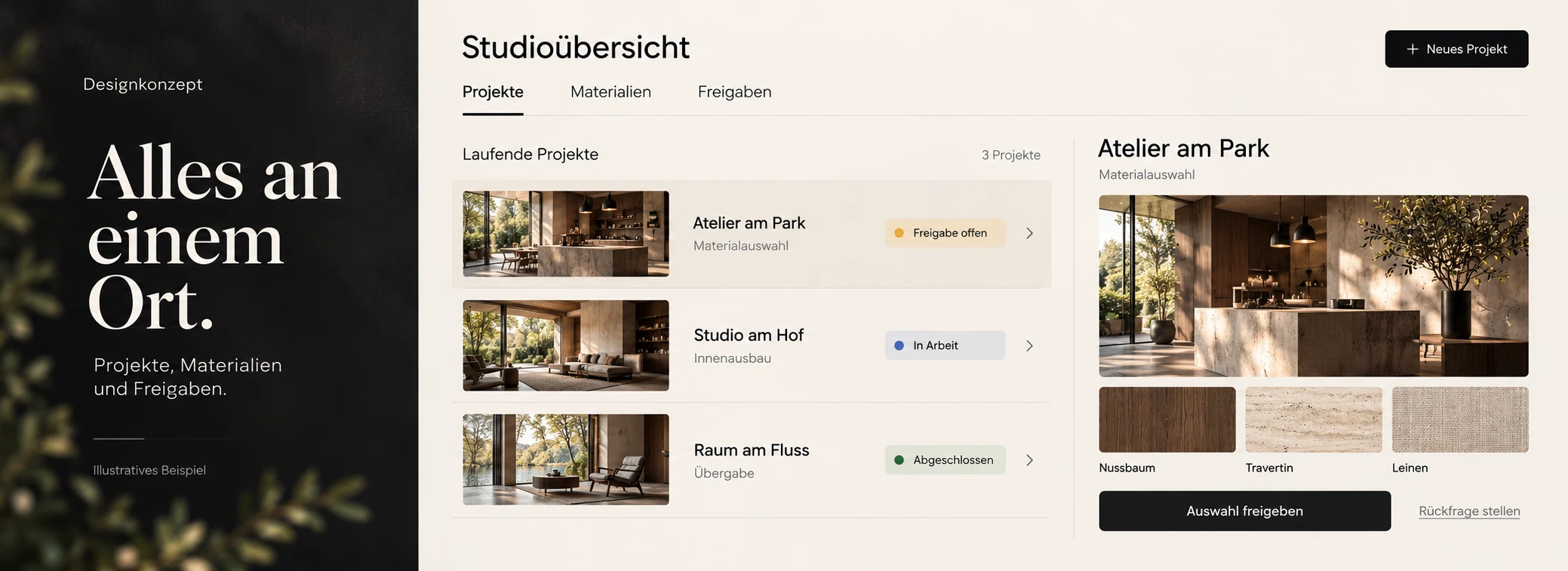 Designkonzept einer Webanwendung mit einer übersichtlichen Projektverwaltung.